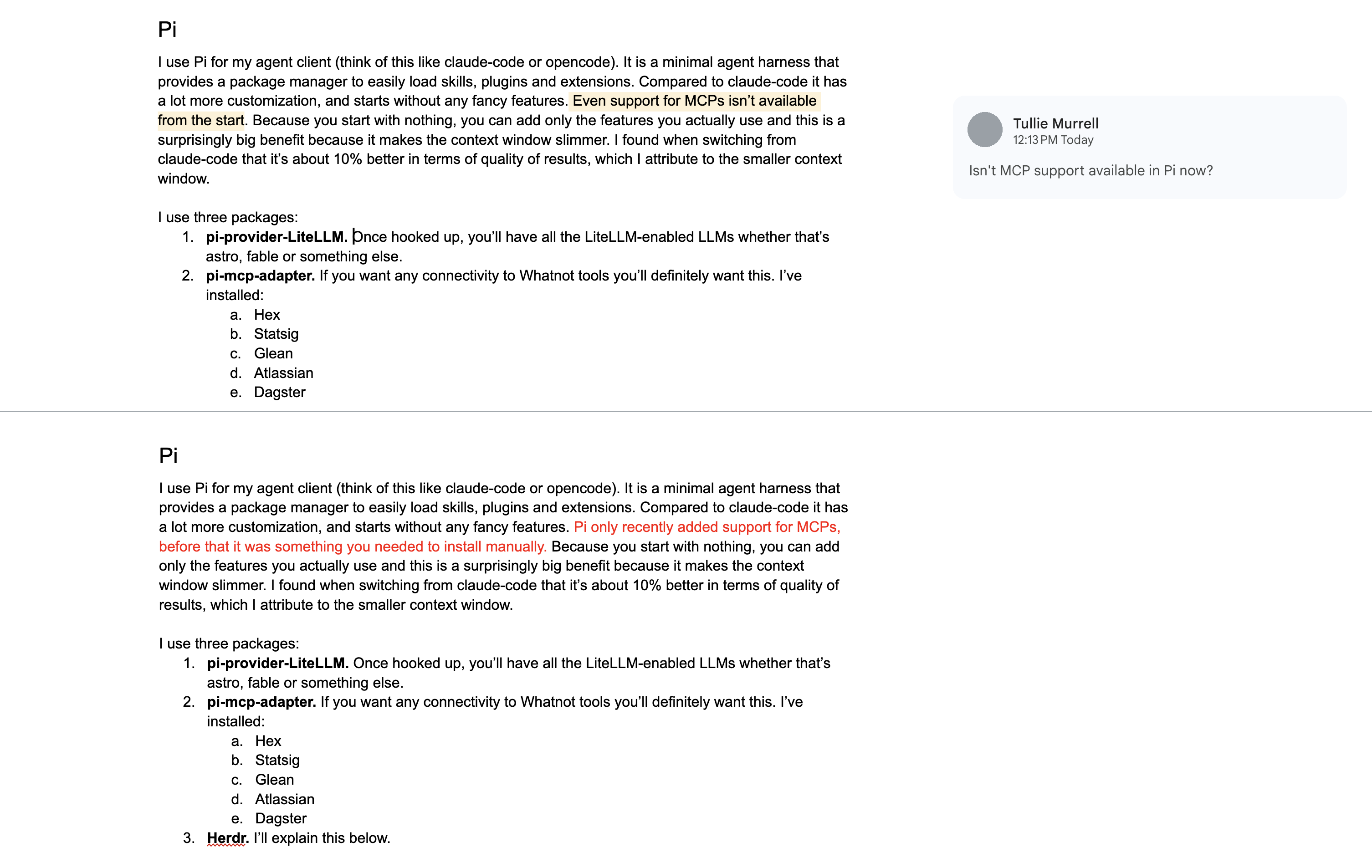 A document shown before and after review: the top half shows a reviewer comment asking about MCP support, and the bottom half shows the edited passage with the correction in red text