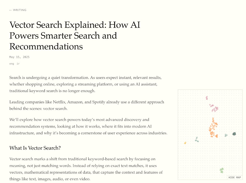 Article page with the embedding map in the bottom-right corner; the current post is highlighted.